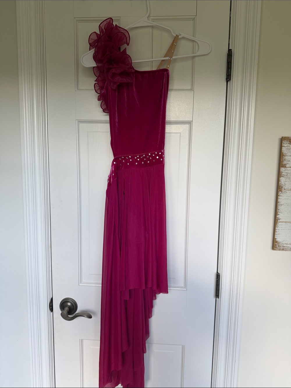 Dance Costume: Fuchsia dress with shoulder ruffle